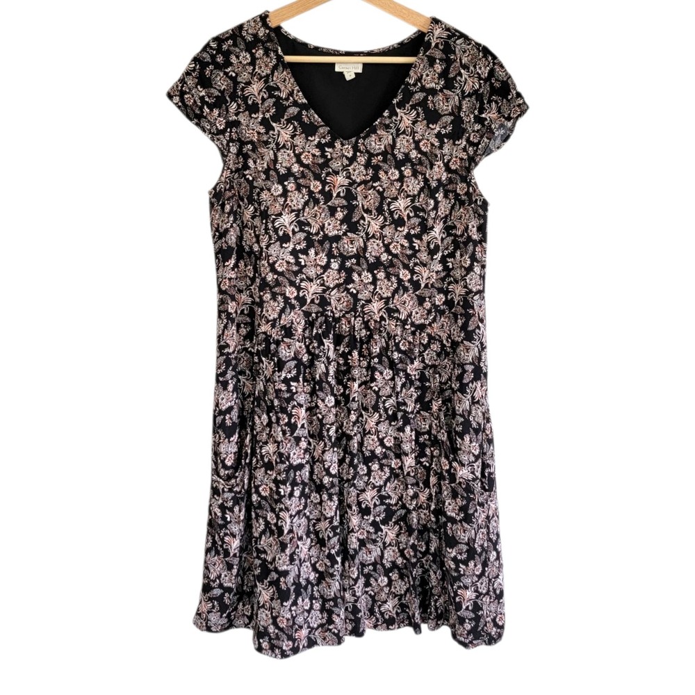 Garnet Hill Summer Day Dress 10 Black Floral‎ Drop Waist Pockets Casual V Neck